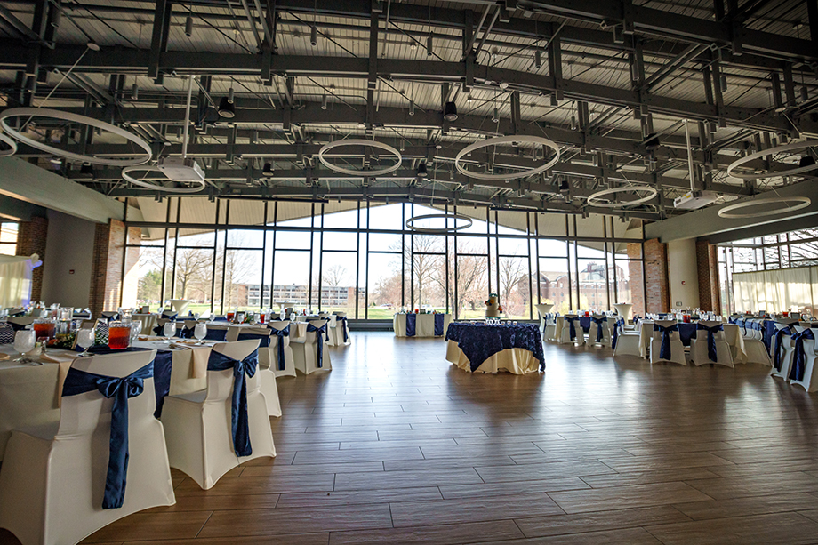 A wedding setup at Rose-Hulman's Vonderschmitt Dining Hall.