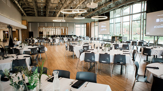 Interior of the Vonderschmitt set up or a wedding reception