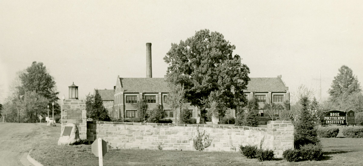 Black and white historical photo of main entrance