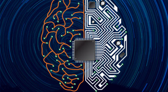 Graphical representation of human brain, half line drawing, half circuit board.