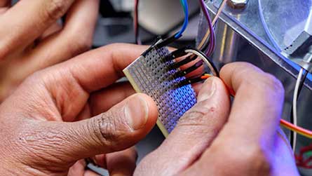 Student working on project with leads on a circuit board