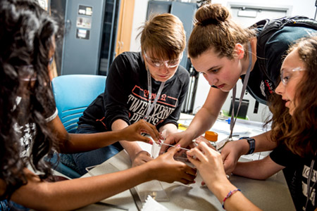 A group of female Catapult students working together on a project.