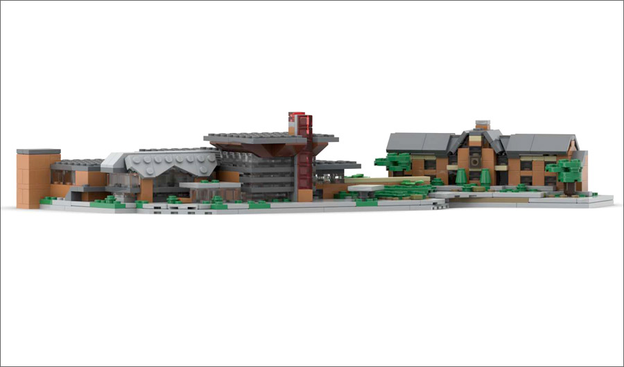 Image shows LEGO bricks forming Mussallem Union and Deming Hall with trees.