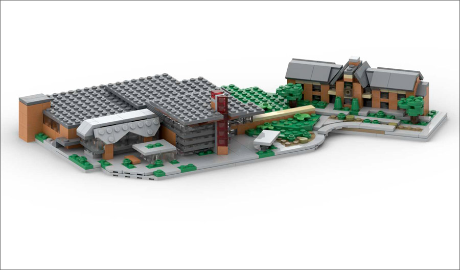 Image shows LEGO bricks forming Mussallem Union and Deming Hall with trees.