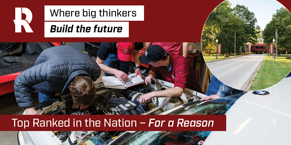 Front entrance to Rose-Hulman and students working on a project