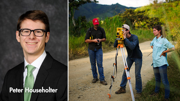 Peter Householter in a jacket and tie. Right: Peter Householter working with two fellow students on a civil engineering project in Ecuador.
