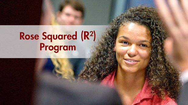 Image shows a smiling student and Rose-Squared spelled out.