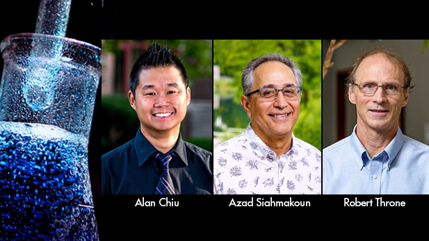 Image shows a laboratory beaker filled with blue fluid and images of all three featured professors.