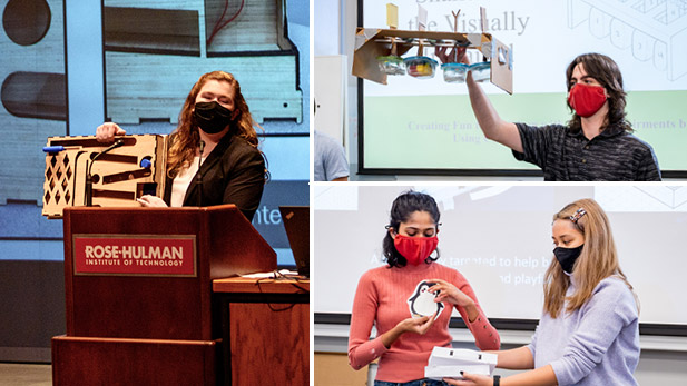 Image shows three photos of students working on engineering design projects. 