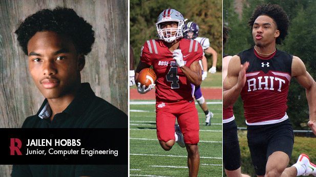 Collage of Jailen Hobbs headshot, sprinting and playing football.