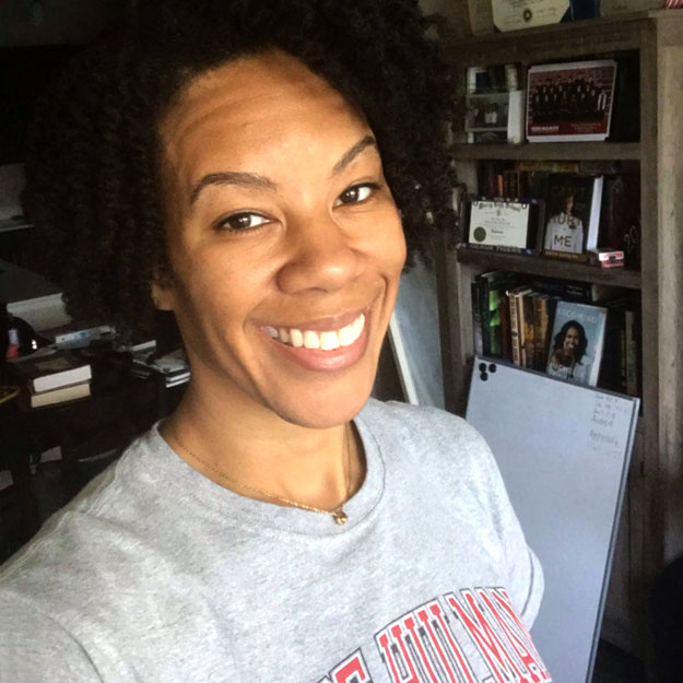 There are three images in the collage. Left: Michelle Lollie takes a selfie in a Rose-Hulman shirt. Middle: Michelle Lollie at commencement. Right: Michelle Lollie works with lasers.