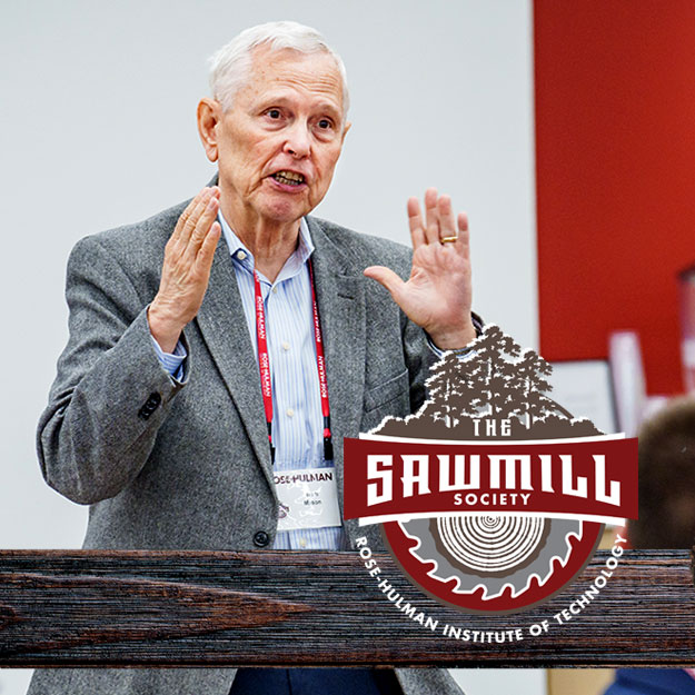 Image collage showing participants speaking and engaging at 2023 Rose-Hulman Sawmill Society weekend.