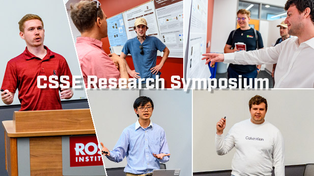 Collage image of 2025 Computer Science and Software Engineering students presenting Capstone Research Projects at Second-Annual Symposium.