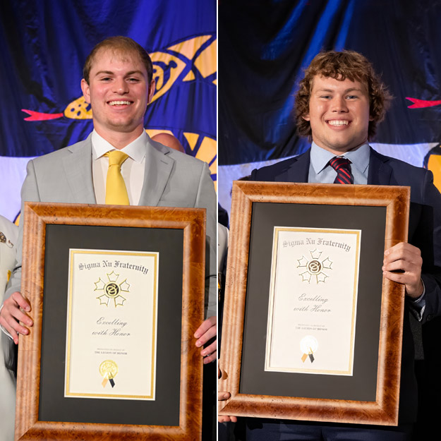 Seniors Jaxon Naviaux and Marshall Koch speaking at the national Sigma Nu fraternity organization awards ceremony.. 