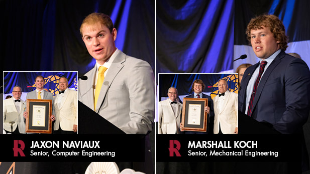 Seniors Jaxon Naviaux and Marshall Koch speaking at the national Sigma Nu fraternity organization awards ceremony.. 