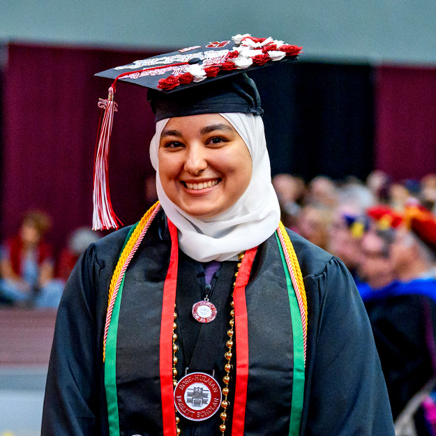 Collage image of Noor Abufares' campus life, including playing the violin, commencement, and wearing her cheese hat.