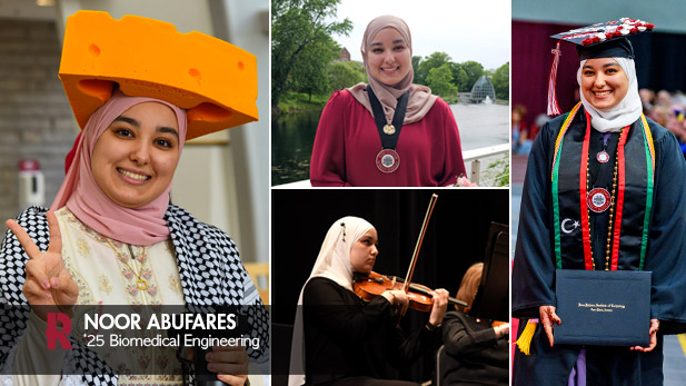 Collage image of Noor Abufares' campus life, including playing the violin, commencement, and wearing her cheese hat.