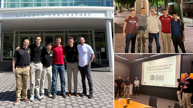 Matt Neville, Cobi Harris, Lifu Zhang, Collin Rogers and Josh Willeke stand alongside Richard Franko outside MIT Lincoln Laboratory.