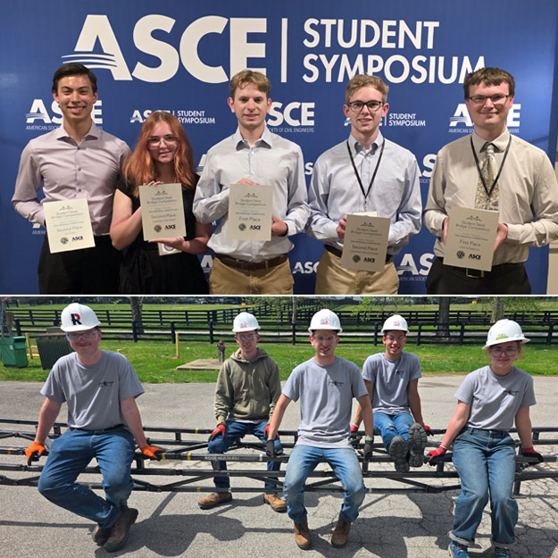 A group of students stands in front of an ASCE Student Symposium backdrop holding award certificates, with an inset photo showing their steel bridge team wearing hard hats and posing with their constructed bridge.