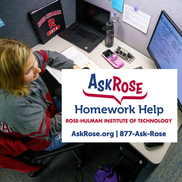 The collage image of a student wearing an AskRose shirt and a headset, typing on a computer in the AskRose call center and  the AskRose logo and contact information.