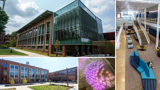 Photo collage of Exterior and interior Fowler Academic Building
