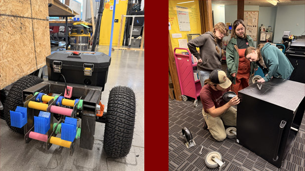 Students work on an electric book dolly with large wheels and 3D printed parts.