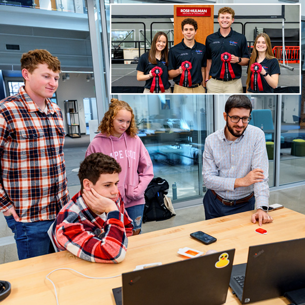 Collage of three photos featuring Rose-Hulman students working on their senior design capstone project, PneumaNode. Two images show a team of biology and biomedical engineering students collaborating  in a lab setting and the third image shows four team members holding award ribbons.