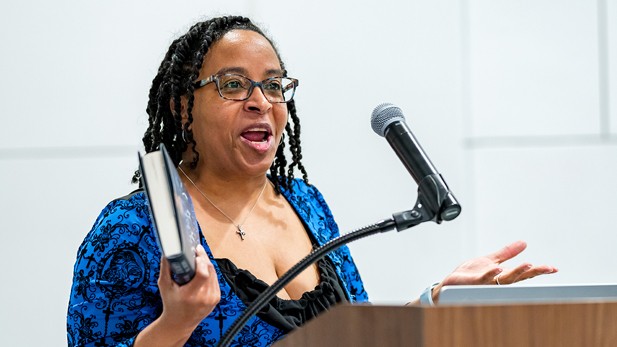 Author Michelle McGill-Vargas speaks in the Kahn Room.