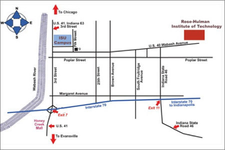 Image shows map of major streets in Terre Haute, Indiana. It also shows location of Rose-Hulman, Indiana State University and the Wabash River